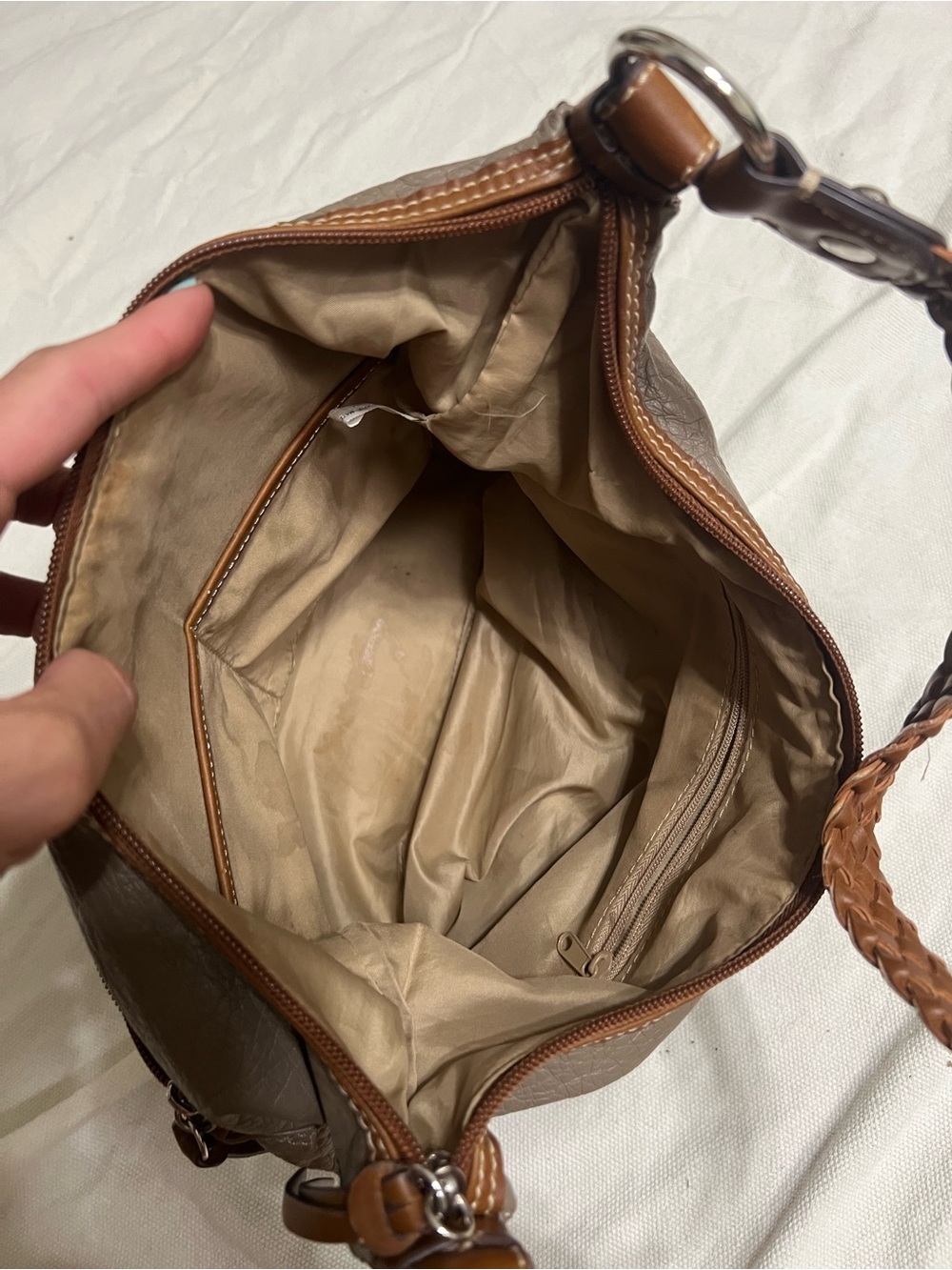 Taupe Leather-Textured Shoulder Bag with Braided Handle - Picture 6 of 7